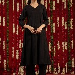 anayna Black & Orange Geometric Woven Design Cotton Anarkali Kurta with Trousers & Dupatta