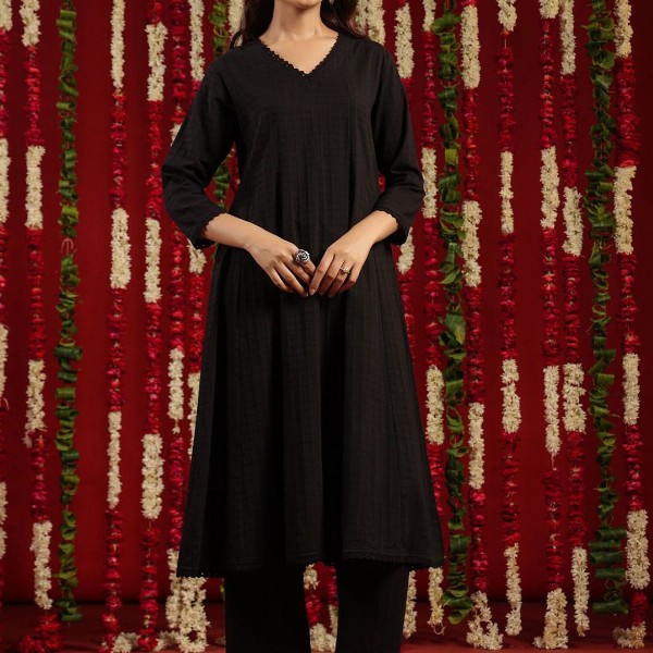 anayna Black & Orange Geometric Woven Design Cotton Anarkali Kurta with Trousers & Dupatta