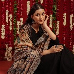 anayna Black & Orange Geometric Woven Design Cotton Anarkali Kurta with Trousers & Dupatta