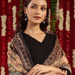 anayna Black & Orange Geometric Woven Design Cotton Anarkali Kurta with Trousers & Dupatta