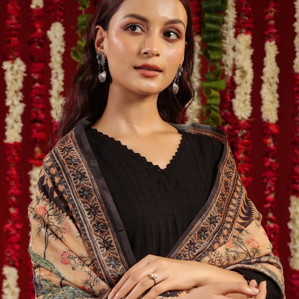 anayna Black & Orange Geometric Woven Design Cotton Anarkali Kurta with Trousers & Dupatta