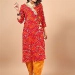 Sangria Red Bandhani Printed Angrakha Sequined Straight Kurta