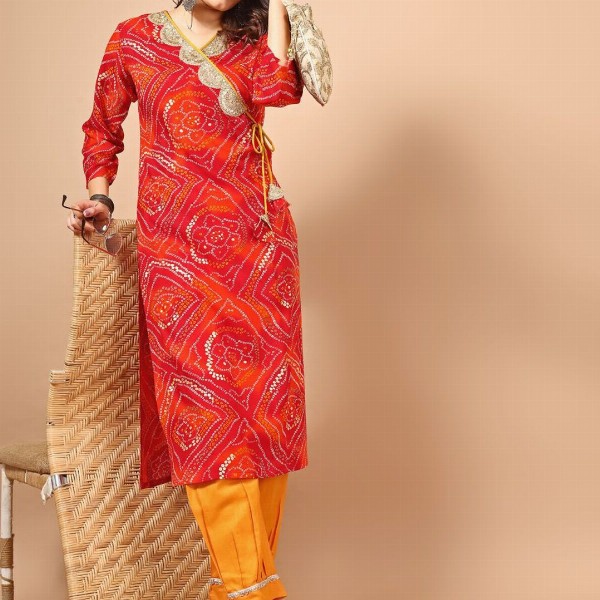 Sangria Red Bandhani Printed Angrakha Sequined Straight Kurta
