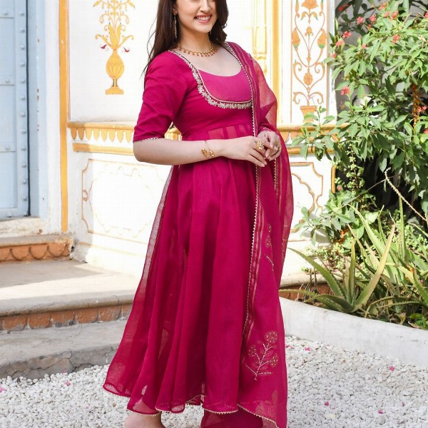GoSriKi Thread Work Anarkali Kurta With Trouser & Dupatta