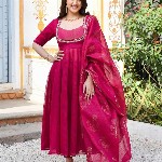 GoSriKi Thread Work Anarkali Kurta With Trouser & Dupatta