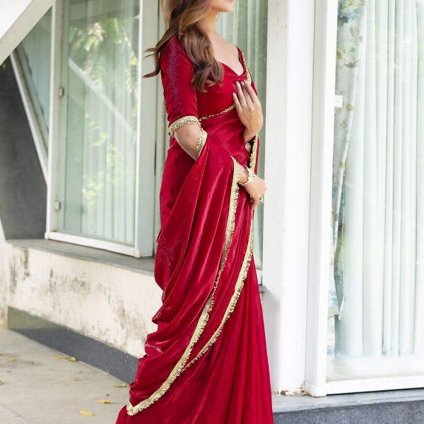 Mitera Satin Embellished Detail Saree with Blouse Piece