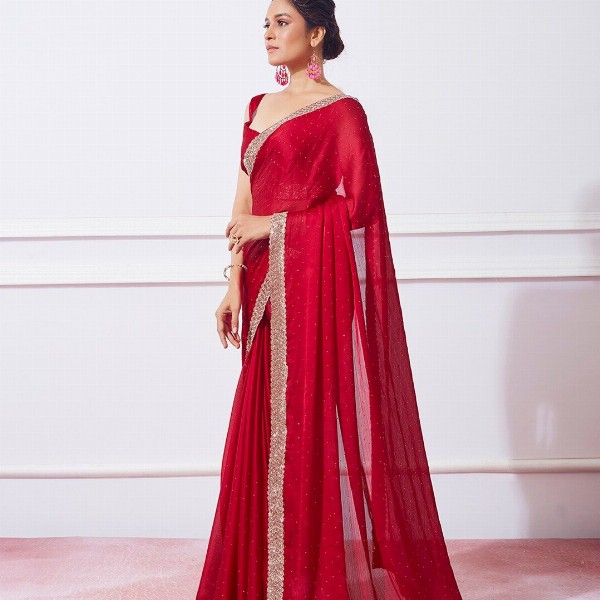 Mitera Red Embellished Beads & Stones Satin Saree