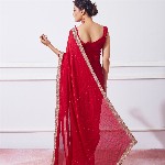 Mitera Red Embellished Beads & Stones Satin Saree