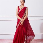 Mitera Red Embellished Beads & Stones Satin Saree