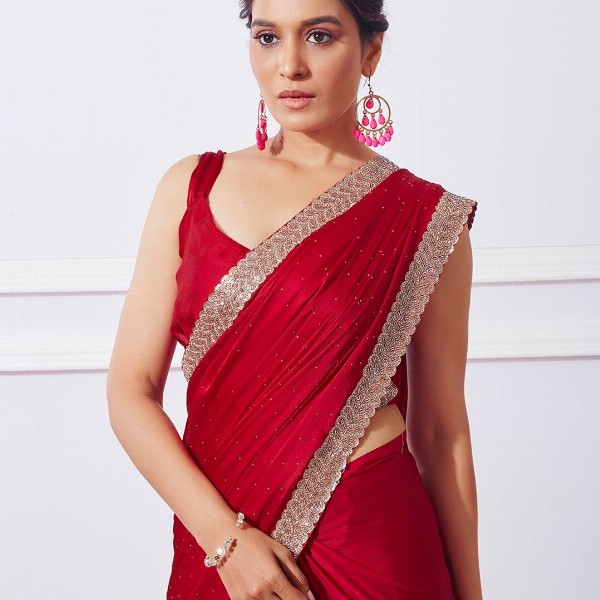 Mitera Red Embellished Beads & Stones Satin Saree