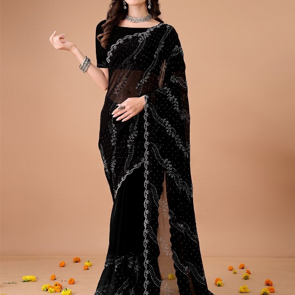 Leelavati Women Embellished Beads and Stones Pure Georgette Saree