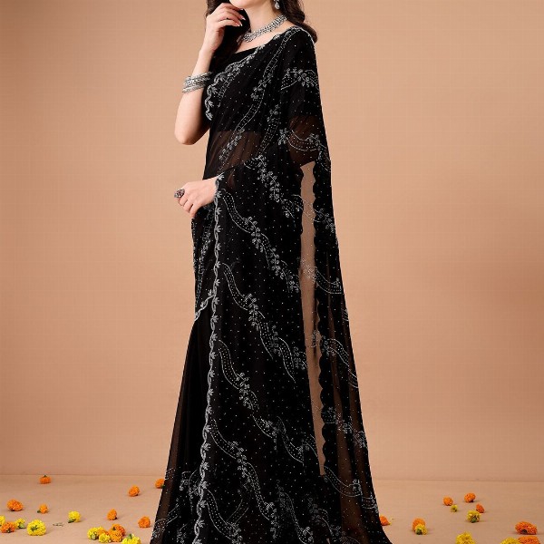 Leelavati Women Embellished Beads and Stones Pure Georgette Saree