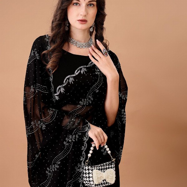 Leelavati Women Embellished Beads and Stones Pure Georgette Saree