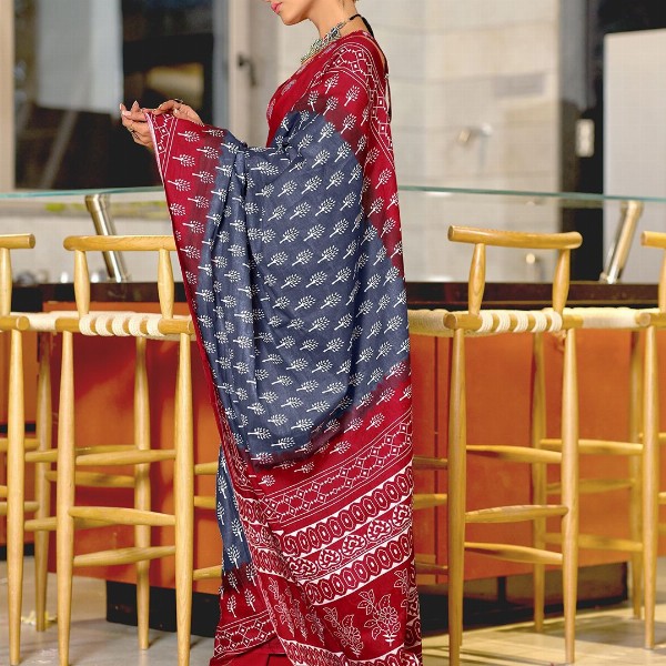 Panzora Floral Block Printed Mulmul Cotton Ready To Wear Saree