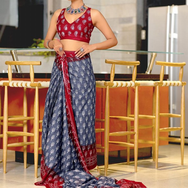 Panzora Floral Block Printed Mulmul Cotton Ready To Wear Saree