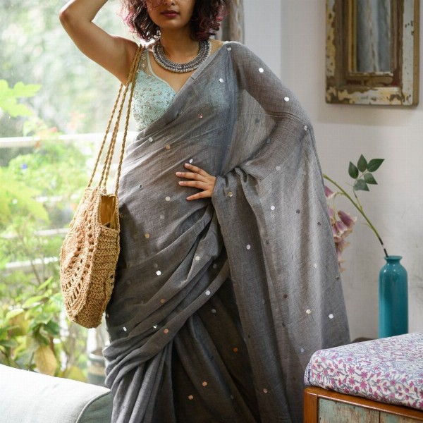 Suta Grey Embellished Sequinned Pure Cotton Saree
