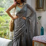 Suta Grey Embellished Sequinned Pure Cotton Saree