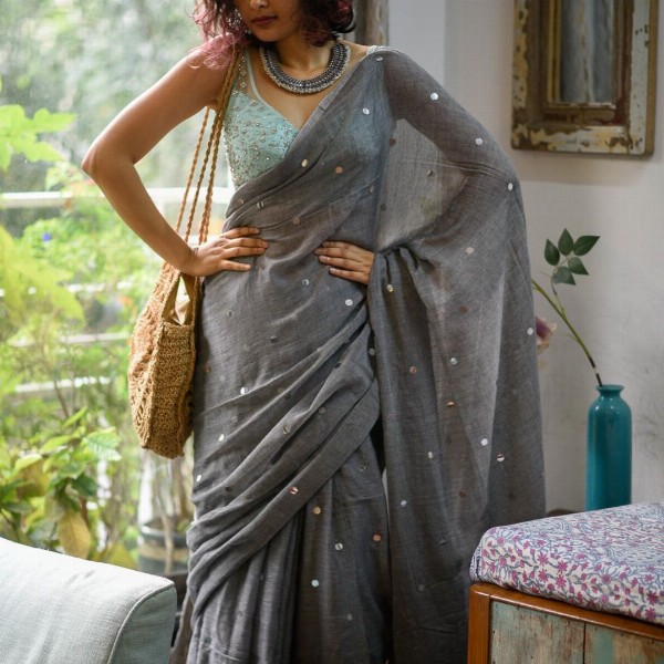 Suta Grey Embellished Sequinned Pure Cotton Saree