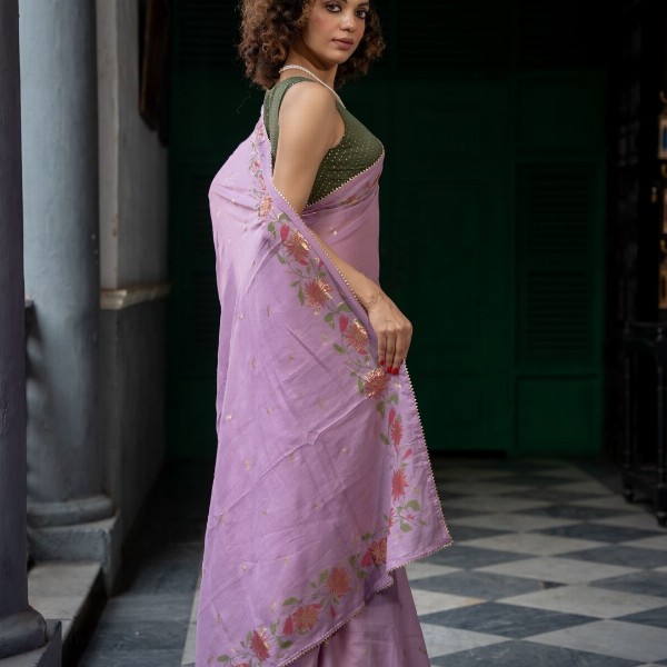Suta Floral Printed Lavender Color Cotton Blend Saree