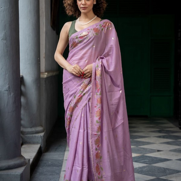 Suta Floral Printed Lavender Color Cotton Blend Saree