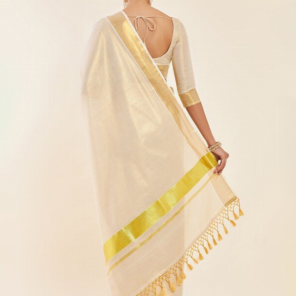 Soch Off White & Gold-Toned Zari Tissue Kasavu Saree