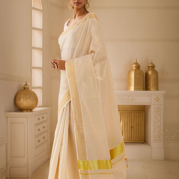 Soch Off White & Gold-Toned Zari Tissue Kasavu Saree