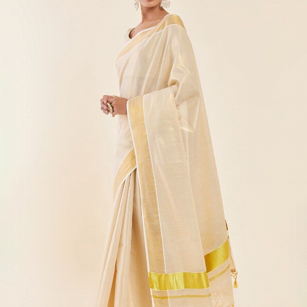 Soch Off White & Gold-Toned Zari Tissue Kasavu Saree