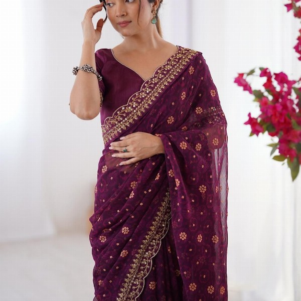 CaniBani Magenta Pure Chiffon Sarees