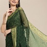 Mitera Green & Gold-Toned Floral Zari Pure Chiffon Saree