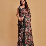 Sangria Charcoal & Pink Floral Printed Satin Saree