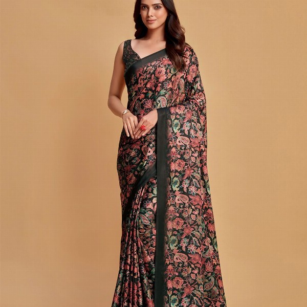 Sangria Charcoal & Pink Floral Printed Satin Saree