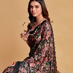 Sangria Charcoal & Pink Floral Printed Satin Saree