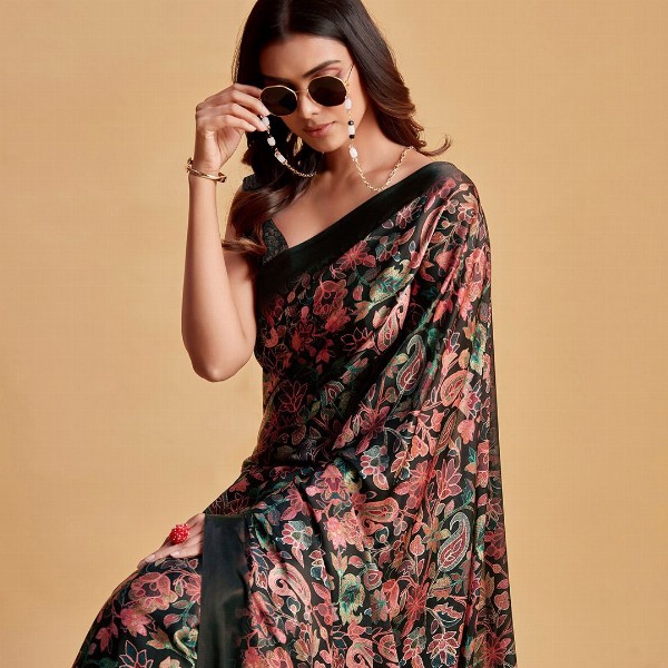 Sangria Charcoal & Pink Floral Printed Satin Saree