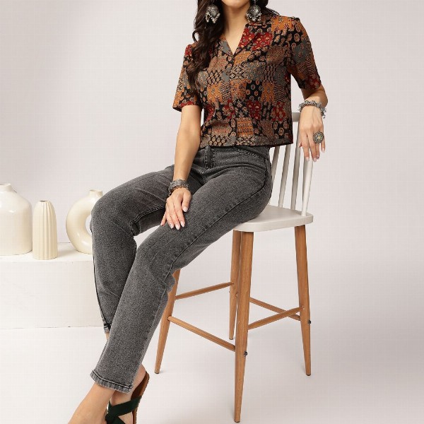 Anouk Ethnic Printed Cuban Collar Pure Cotton Shirt Style Top