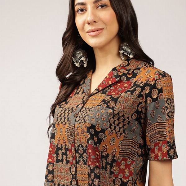 Anouk Ethnic Printed Cuban Collar Pure Cotton Shirt Style Top
