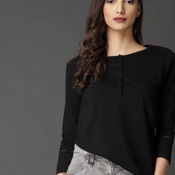 Roadster Black Solid Pure Cotton Top with Lace Detail