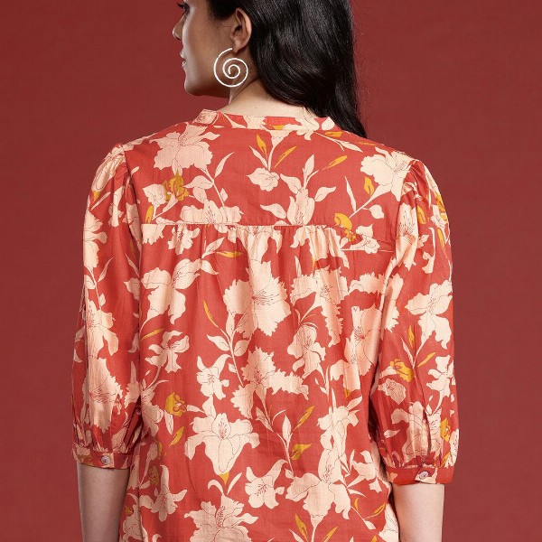 all about you Floral Print Mandarin Collar Puff Sleeves Pure Cotton Shirt Style Top