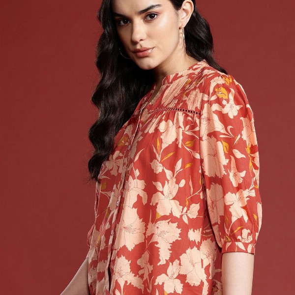 all about you Floral Print Mandarin Collar Puff Sleeves Pure Cotton Shirt Style Top