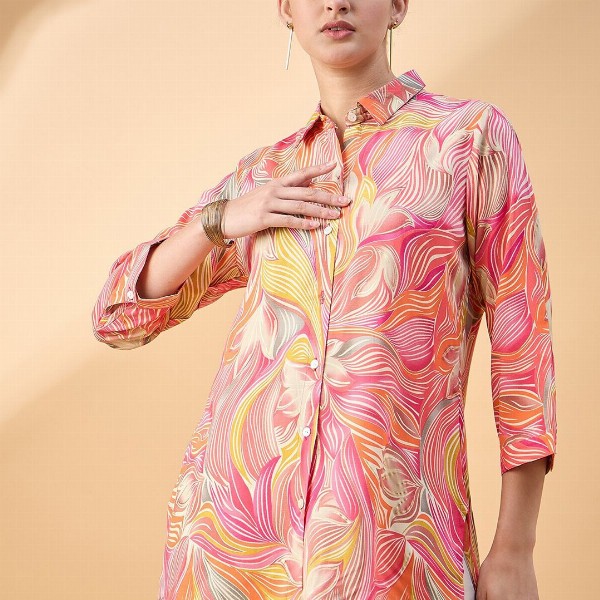 all about you Floral Print Cuffed Sleeves Longline Shirt Style Top