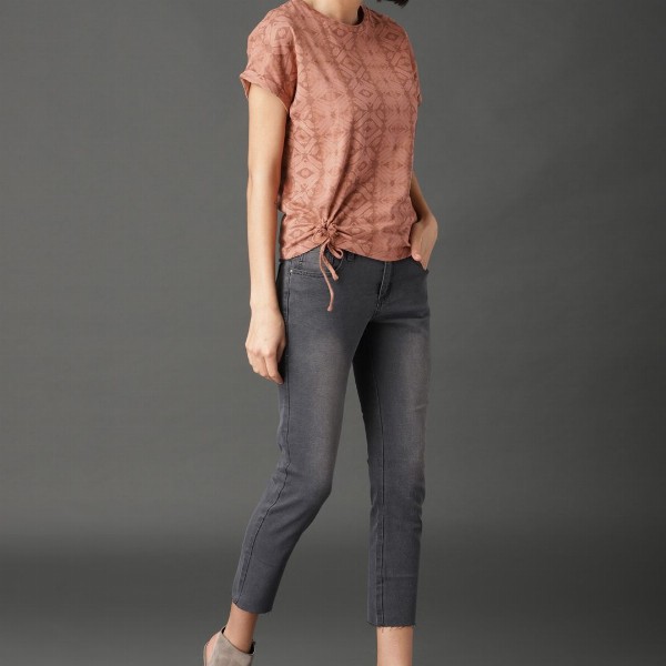 Roadster Women Beige Printed Pure Cotton Top with Tie-up Detail