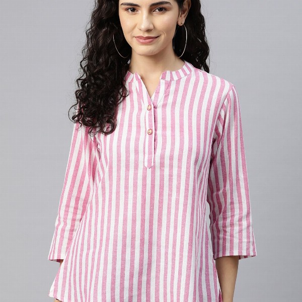 Cottinfab Striped Mandarin Collar Cotton Top
