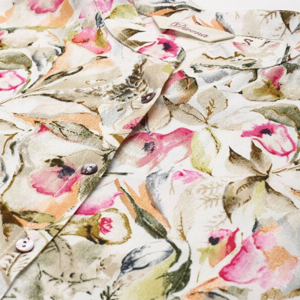 Divena Off White & Green Floral Print Mandarin Collar Roll-Up Sleeves A-Line Top