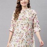 Divena Off White & Green Floral Print Mandarin Collar Roll-Up Sleeves A-Line Top