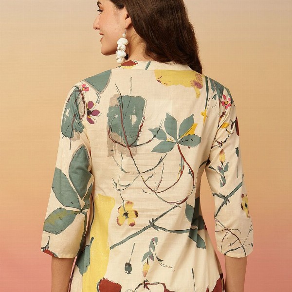 Anouk Rustic Floral Print Mandarin Collar Cotton Top