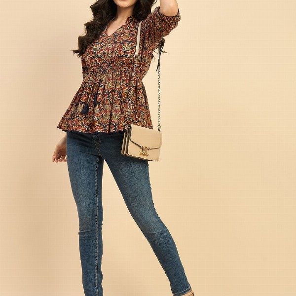 Azira Women Ethnic Printed Mandarin Collar Cotton Top