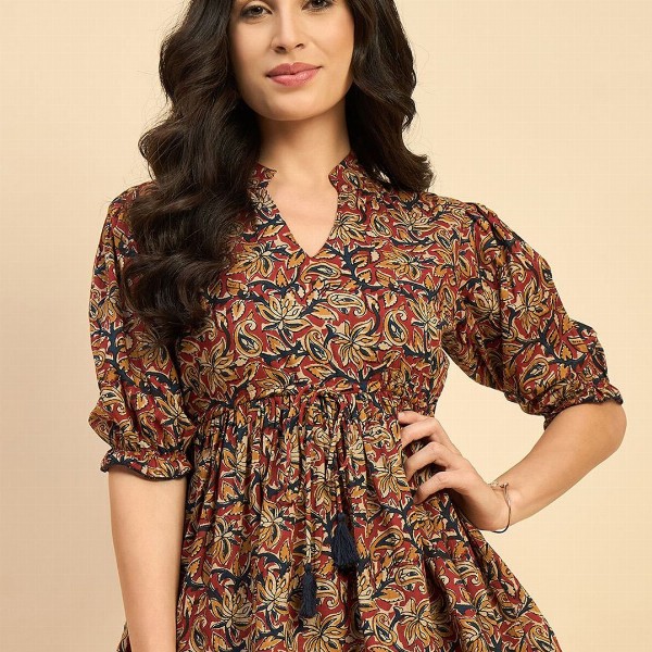 Azira Women Ethnic Printed Mandarin Collar Cotton Top