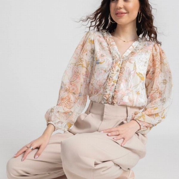 JULO Floral Print Puff Sleeve Chiffon Blouson Top