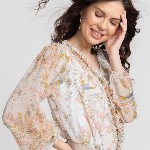 JULO Floral Print Puff Sleeve Chiffon Blouson Top