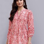 QOMN Coral & White Floral Print Mandarin Collar Pure Cotton Empire Top