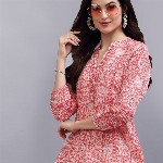 QOMN Coral & White Floral Print Mandarin Collar Pure Cotton Empire Top